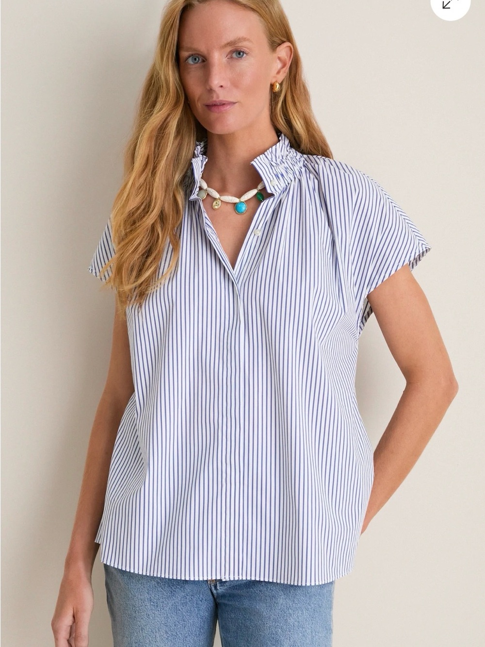 Tuckernuck || Pomander Place Blue and White Striped Ruffle-Neck Blouse